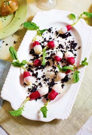 Buttered Radishes with Olive Crumbs - courtesy Delicious mag.